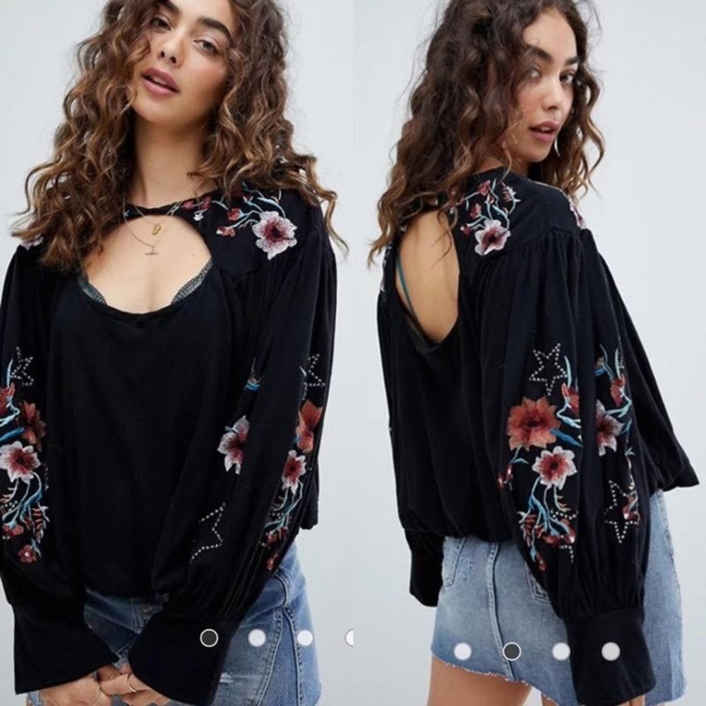 FREE PEOPLE Lita Floral Embroidered Oversized Blouse Top